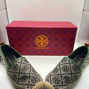 Tory Burch T Monogram Espadrille Flats Perfect Navy Jacquard Sz 8 w/ Box